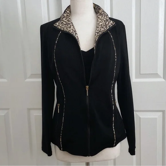 Black Zip-Up Athletic Jacket w/Leopard Trim by NEIMAN MARCUS - Picture 3 of 15